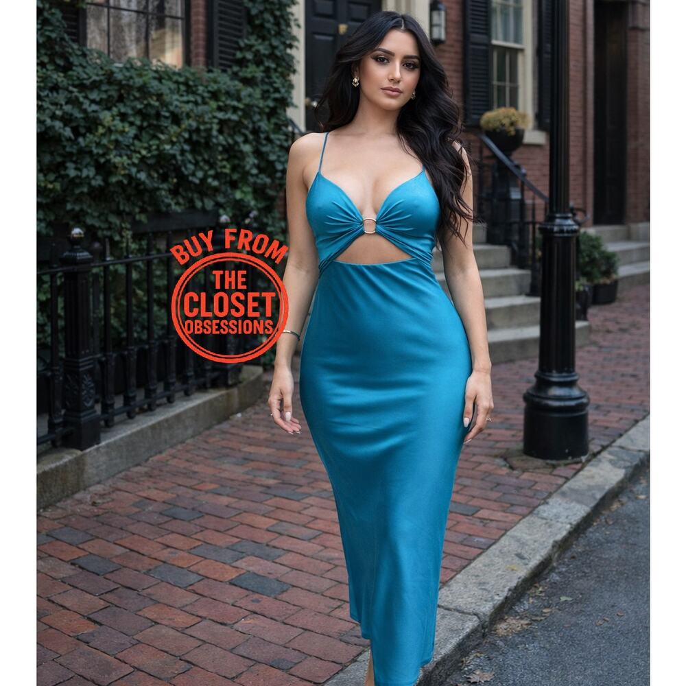 ZARA Metal Detail Cutout Midi Dress NWT – Turquoise V-Neck Blogger Fave, Size M